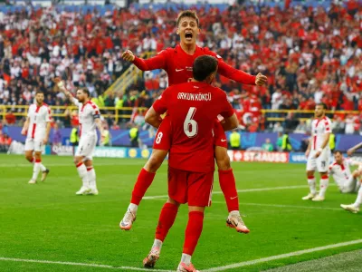 Soccer Football - Euro 2024 - Group F - Turkey v Georgia - Dortmund BVB Stadion, Dortmund, Germany - June 18, 2024 Turkey's Arda Guler and Orkun Kokcu celebrate a goal that was later disallowed REUTERS/Piroschka Van De Wouw   TPX IMAGES OF THE DAY