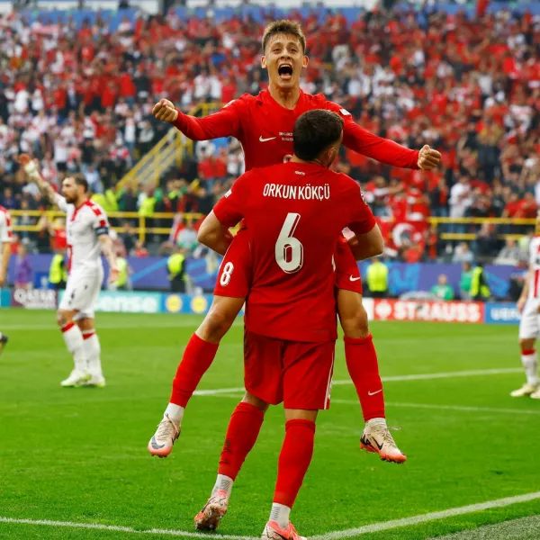 Soccer Football - Euro 2024 - Group F - Turkey v Georgia - Dortmund BVB Stadion, Dortmund, Germany - June 18, 2024 Turkey's Arda Guler and Orkun Kokcu celebrate a goal that was later disallowed REUTERS/Piroschka Van De Wouw   TPX IMAGES OF THE DAY