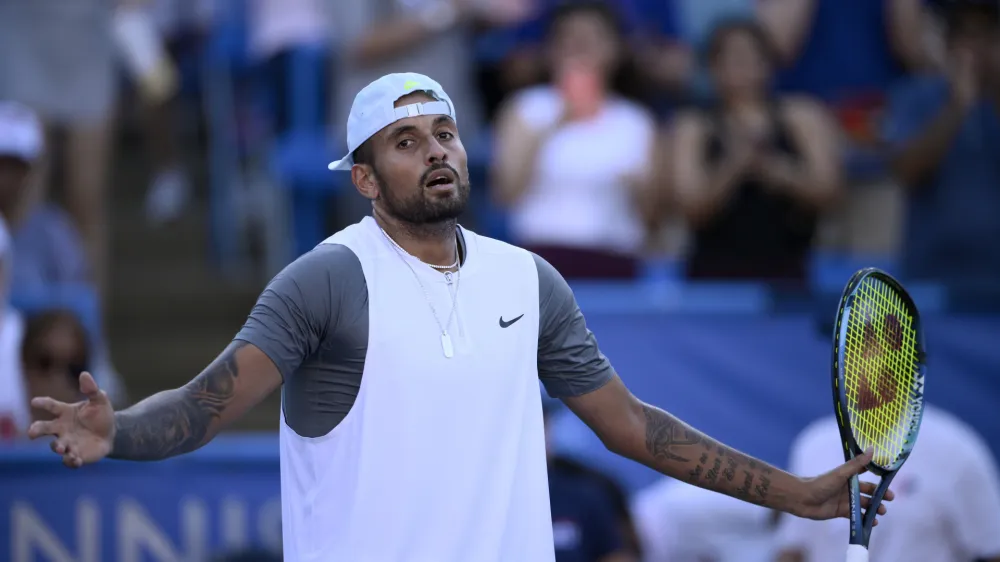 Nick Kyrgios, of Australia, reacts to the crowd after he defeated Yoshihito Nishioka, of Japan, during a final at the Citi Open tennis tournament Sunday, Aug. 7, 2022, in Washington. (AP Photo/Nick Wass)