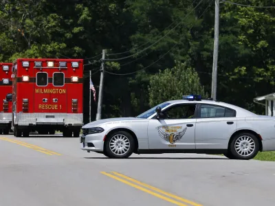 Interstate 71 and state Route 73 were among roads closed during a standoff Thursday, Aug. 11, 2022, involving an armed man who tried to breach security at the Cincinnati FBI Field Office before fleeing north on I-71 to Clinton County, Ohio. (Nick Graham/Dayton Daily News via AP)