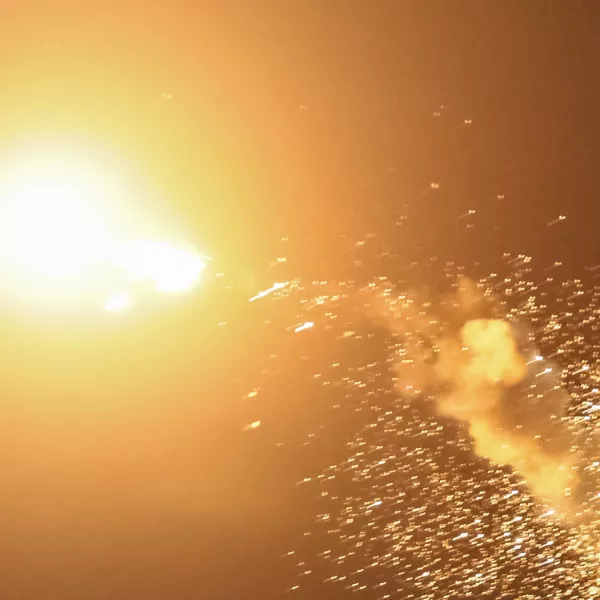 A view of an explosion of a drone in the sky over the city during a Russian drone strike, amid Russia's attack on Ukraine, in Kyiv, Ukraine July 13, 2023. REUTERS/Gleb Garanich