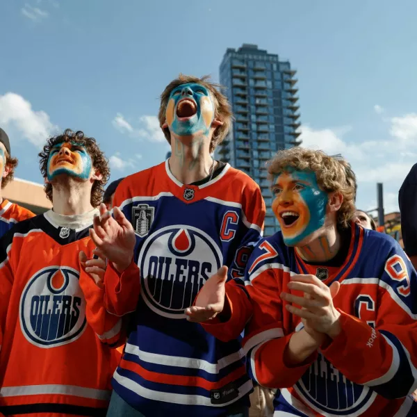 Fans react as the Oilers score in game six of the 2024 Stanley Cup Final between the Edmonton Oilers and Florida Panthers in Edmonton, Alberta, Canada, June 21, 2024. REUTERS/Amber Bracken