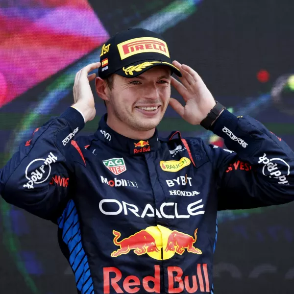 Formula One F1 - Spanish Grand Prix - Circuit de Barcelona-Catalunya, Barcelona, Spain - June 23, 2024 Red Bull's Max Verstappen celebrates on the podium after winning the Spanish Grand Prix REUTERS/Albert Gea