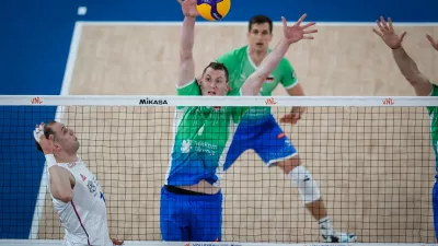 Ljubljana, Arena Stozice.Tekma med Slovenijo in Srbijo v okviru odbojkarske lige narodov.