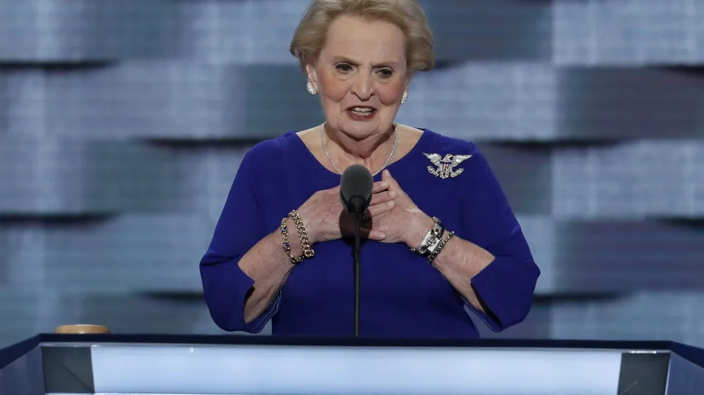 FILE - Former Secretary of State Madeleine Albright speaks during the second day of the Democratic National Convention in Philadelphia, July 26, 2016. Albright has died of cancer, her family said Wednesday, March 23, 2022. (AP Photo/J. Scott Applewhite, File)