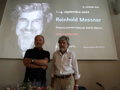 alpinist Reinhold Messner, alpinist Viki Grošelj - 01.09.2022 - novinarska konferenca Cankarjevega doma pred začetkom festivala Zadnja odprava alpinista Reinholda Messnerja//FOTO: Tomaž Skale