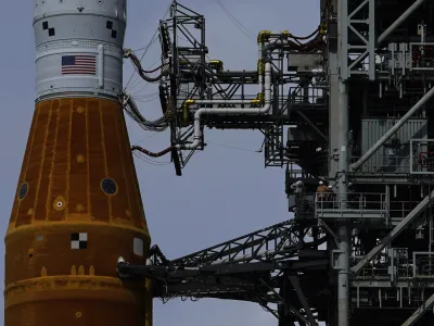 The NASA moon rocket stands on Pad 39B before the Artemis 1 mission to orbit the moon at the Kennedy Space Center, Friday, Sept. 2, 2022, in Cape Canaveral, Fla. (AP Photo/Brynn Anderson)