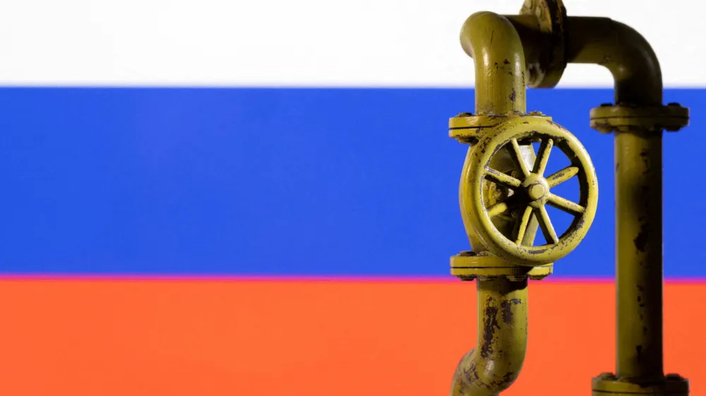 FILE PHOTO: A 3D printed natural gas pipeline is placed in front of displayed Russian flag in this illustration taken February 8, 2022. REUTERS/Dado Ruvic/Illustration/File Photo