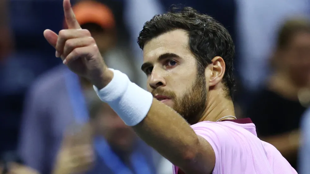 Tennis - U.S. Open - Flushing Meadows, New York, United States - September 7, 2022 Russia's Karen Khachanov celebrates after winning his quarter final match against Australia's Nick Kyrgios REUTERS/Mike Segar