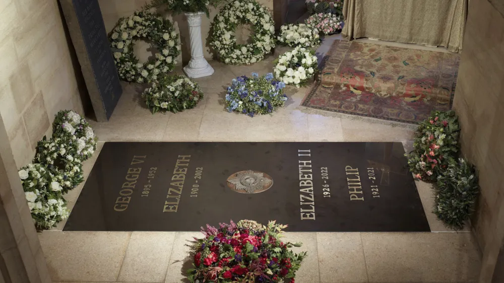 This photo provided by Buckingham Palace on Saturday Sept. 24, 2022 shows the ledger stone at the King George VI Memorial Chapel, St George's Chapel, Windsor Castle in Windsor, England. (Royal Collection Trust/The Dean and Canons of Windsor, PA via AP)