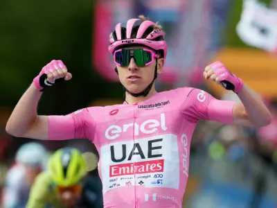 11 May 2024, Italy, Prati di Tivo: Slovenian cyclist Tadej Pogacar of Team UAE Emirates celebrates winning the 8th stage of the Giro d'Italia cycling race, 152 km from Spoleto to Prati di Tivo. Photo: Gian Mattia D'alberto/LaPresse via ZUMA Press/dpa