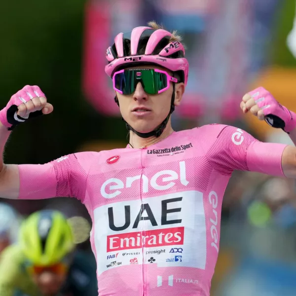 11 May 2024, Italy, Prati di Tivo: Slovenian cyclist Tadej Pogacar of Team UAE Emirates celebrates winning the 8th stage of the Giro d'Italia cycling race, 152 km from Spoleto to Prati di Tivo. Photo: Gian Mattia D'alberto/LaPresse via ZUMA Press/dpa