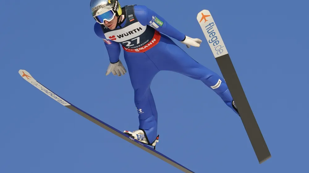 Slovenia's Timi Zajc in action during the World Cup ski jumping in Vikersundbakken, Norway, Saturday March 12, 2022. (Terje Bendiksby/NTB via AP)