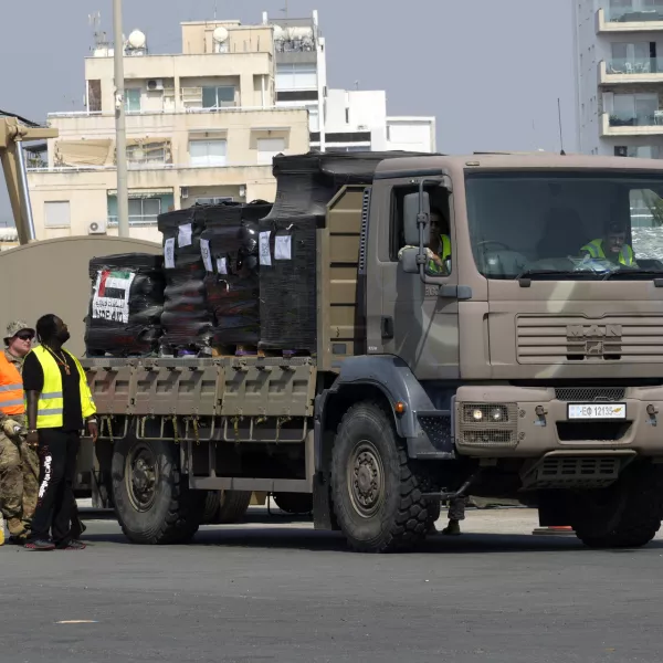 A truck carrying Gaza aid is about to enter a U.S ship, at the port of Larnaca, Cyprus, Wednesday, June 26, 2024. An official with the U.S. humanitarian assistance agency USAID says thousands of tons of food, medicines and other aid piled up on a Gaza beach isn't reaching those in need because of a dire security situation on the ground where truck drivers are either getting caught in the crossfire or have their cargo seized by "gang-like" groups. (AP Photo/Petros Karadjias)