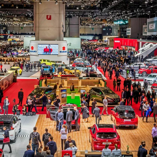 2CH63HJ Visitors and cars overview of the 89th Geneva International Motor Show. Geneva, Switzerland - March 5, 2019.