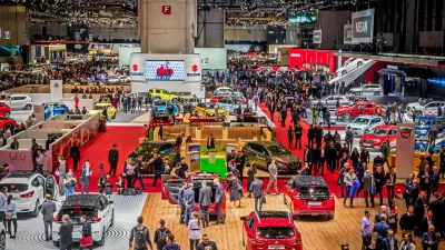 2CH63HJ Visitors and cars overview of the 89th Geneva International Motor Show. Geneva, Switzerland - March 5, 2019.