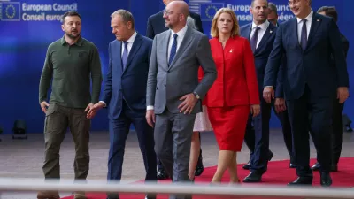 Ukraine's President Volodymyr Zelenskiy, Poland's Prime Minister Donald Tusk, European Council President Charles Michel, Latvia's Prime Minister Evika Silina, Croatia's Prime Minister Andrej Plenkovic and Malta's Prime Minister Robert Abela attend a European Union leaders' summit in Brussels, Belgium June 27, 2024. REUTERS/Johanna Geron