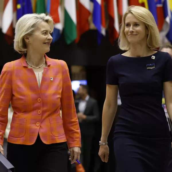 European Commission President Ursula von der Leyen and Estonia's Prime Minister Kaja Kallas walk together to a media conference during an EU summit in Brussels, early Friday, June 28, 2024. European Union leaders signed off a trio of top appointments for their shared political institutions on Thursday evening, reinstalling German conservative Ursula von der Leyen as president of the European Commission for another five years. At the side of von der Leyen should be two new faces: Antonio Costa of Portugal as European Council President and Estonia's Kaja Kallas as the top diplomat of the world's largest trading bloc. (AP Photo/Geert Vanden Wijngaert)