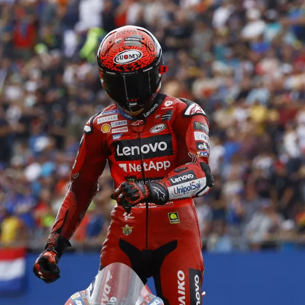 MotoGP - TT Assen Grand Prix - TT Circuit Assen, Assen, Netherlands - June 30, 2024 Ducati Lenovo Team's Francesco Bagnaia celebrates after winning the race REUTERS/Piroschka Van De Wouw