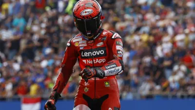 MotoGP - TT Assen Grand Prix - TT Circuit Assen, Assen, Netherlands - June 30, 2024 Ducati Lenovo Team's Francesco Bagnaia celebrates after winning the race REUTERS/Piroschka Van De Wouw