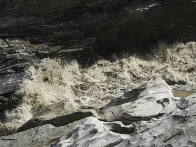 View of the Maggia river following the heavy rain and storms, in Valle Maggia, Switzerland, Sunday, June 30, 2024. (Pablo Gianinazzi/Keystone via AP)