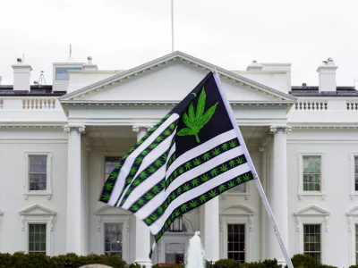 FILE - A demonstrator waves a flag with marijuana leaves depicted on it during a protest calling for the legalization of marijuana, outside of the White House on April 2, 2016, in Washington. President Joe Biden is pardoning thousands of Americans convicted of "simple possession" of marijuana under federal law, as his administration takes a dramatic step toward decriminalizing the drug and addressing charging practices that disproportionately impact people of color. (AP Photo/Jose Luis Magana, File)