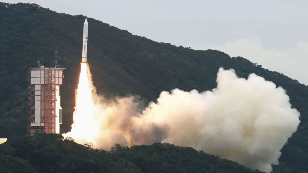 The sixth Epsilon solid-fuel rocket lifts off from the Japan Aerospace Exploration Agency (JAXA)'s Uchinoura Space Center in the southwestern Japan prefecture of Kagoshima, Japan October 12, 2022, in this photo taken by Kyodo. Mandatory credit Kyodo via REUTERS ATTENTION EDITORS - THIS IMAGE WAS PROVIDED BY A THIRD PARTY. MANDATORY CREDIT. JAPAN OUT. NO COMMERCIAL OR EDITORIAL SALES IN JAPAN