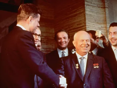 Soviet Premier Nikita Khrushchev, right, shakes hands with President John F. Kennedy at the residence of the U.S. ambassodor in Vienna June 3, 1961. (AP Photo)