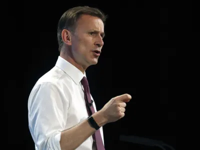 FILE - Conservative party leadership candidate Jeremy Hunt takes delivers his speech during a Conservative leadership hustings at ExCel Centre in London, Wednesday, July 17, 2019. UK leader Liz Truss has appointed former Cabinet minister Jeremy Hunt as new Treasury chief, replacing sacked Kwasi Kwarteng. Hunt is a government veteran who has served as former foreign secretary and health secretary, and ran unsuccessfully to lead the Conservative Party in 2019. (AP Photo/Frank Augstein, File)