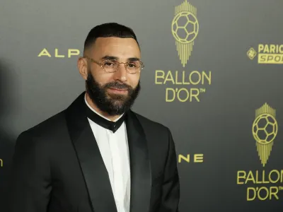 Real Madrid's Karim Benzema poses for a picture prior the 66th Ballon d'Or ceremony at Theatre du Chatelet in Paris, France, Monday, Oct. 17, 2022. (AP Photo/Francois Mori)