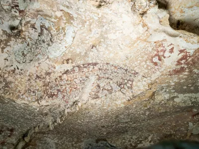 A painting created at least 51,200 years ago in the limestone cave of Leang Karampuang in the Maros-Pangkep region of the Indonesian island of Sulawesi portrays three human-like figures interacting with a wild pig, in this undated handout image. BRIN/Handout via REUTERS  THIS IMAGE HAS BEEN SUPPLIED BY A THIRD PARTY. NO RESALES. NO ARCHIVES. MANDATORY CREDIT.