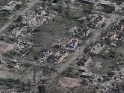 Drone view shows destroyed buildings in the frontline town of Chasiv Yar in Donetsk region, Ukraine, in this screengrab obtained from social media video released on July 4, 2024. Special Purpose Battalion "Donbas" of the 18th Slavic Brigade of the NGU/via REUTERS THIS IMAGE HAS BEEN SUPPLIED BY A THIRD PARTY. MANDATORY CREDIT. NO RESALES. NO ARCHIVES. WATERMARK FROM SOURCE. BEST QUALITY AVAILABLE.