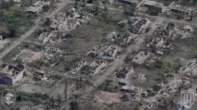 Drone view shows destroyed buildings in the frontline town of Chasiv Yar in Donetsk region, Ukraine, in this screengrab obtained from social media video released on July 4, 2024. Special Purpose Battalion "Donbas" of the 18th Slavic Brigade of the NGU/via REUTERS THIS IMAGE HAS BEEN SUPPLIED BY A THIRD PARTY. MANDATORY CREDIT. NO RESALES. NO ARCHIVES. WATERMARK FROM SOURCE. BEST QUALITY AVAILABLE.