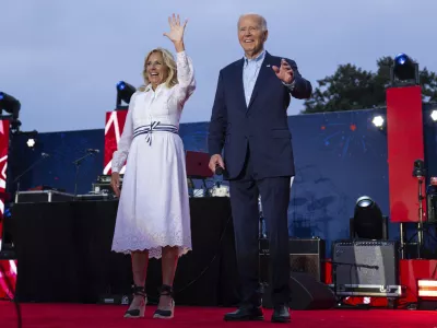 President Joe Biden and first lady Jill Biden arrive for a Fourth of July celebration for military and veteran families on the South Lawn of the White House, Thursday, July 4, 2024, in Washington. (AP Photo/Evan Vucci)