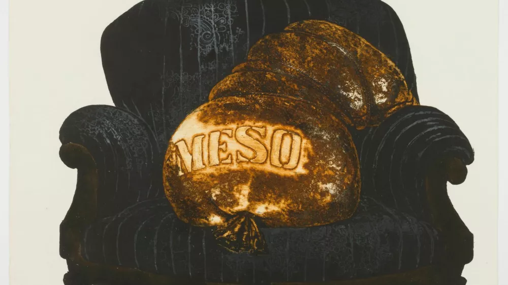 Adriana Maraž: La Viande/Meso, 1978, barvna jedkanica, P: 57 x 76 cm