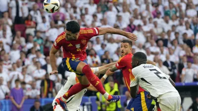 Spain's Mikel Merino (6) scores his side's second goal during a quarter final match between Germany and Spain at the Euro 2024 soccer tournament in Stuttgart, Germany, Friday, July 5, 2024. (AP Photo/Antonio Calanni)