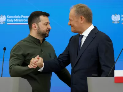 Poland's Prime Minister Donald Tusk and Ukraine's President Volodymyr Zelenskiy attend a joint press conference at the Chancellery of the Prime Minister in Warsaw, Poland July 8, 2024. REUTERS/Kuba Stezycki