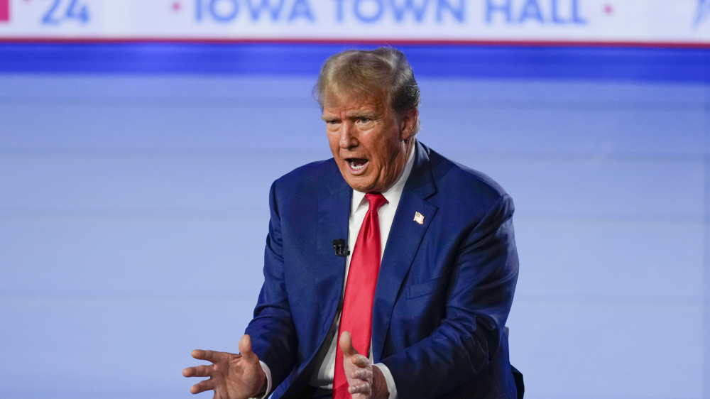 Republican presidential candidate former President Donald Trump speaks during a Fox News Channel town hall in Des Moines, Iowa, Wednesday, Jan. 10, 2024. (AP Photo/Carolyn Kaster)