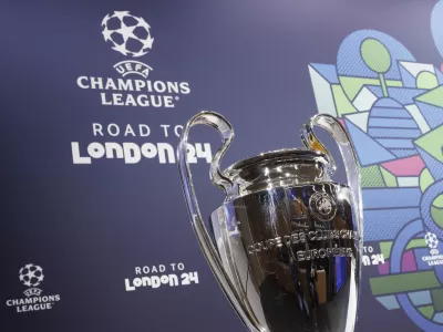 The UEFA Champions League trophy is pictured during the UEFA Champions League 2023/24 round of 16 draw at the UEFA headquarters in Nyon, Switzerland, Monday, Dec. 18, 2023. (Salvatore Di Nolfi/Keystone via AP)