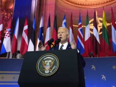 President Joe Biden delivers remarks on the 75th anniversary of NATO at the Andrew W. Mellon Auditorium, Tuesday, July 9, 2024, in Washington. (AP Photo/Evan Vucci)