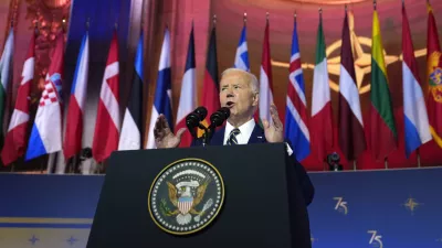 President Joe Biden delivers remarks on the 75th anniversary of NATO at the Andrew W. Mellon Auditorium, Tuesday, July 9, 2024, in Washington. (AP Photo/Evan Vucci)