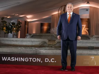 Hungary's Prime Minister Viktor Orban arrives at an event commemorating the 75th anniversary of NATO at the Andrew W. Mellon Auditorium at the NATO summit in Washington, Tuesday, July 9, 2024. (AP Photo/Mark Schiefelbein)