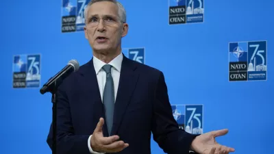 NATO Secretary General Jens Stoltenberg speaking to members of the media at the NATO summit on Wednesday, July 10, 2024, in Washington. (AP Photo/Matt Rourke).