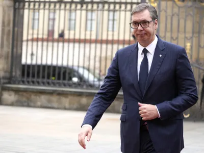 Serbia's President Aleksandar Vucic arrives for a meeting of the European Political Community at Prague Castle in Prague, Czech Republic, Thursday, Oct 6, 2022. Leaders from around 44 countries are gathering Thursday to launch a "European Political Community" aimed at boosting security and economic prosperity across the continent, with Russia the one major European power not invited. (AP Photo/Darko Bandic)