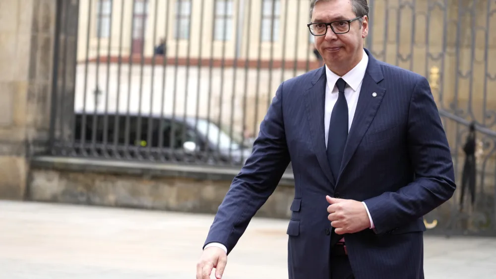 Serbia's President Aleksandar Vucic arrives for a meeting of the European Political Community at Prague Castle in Prague, Czech Republic, Thursday, Oct 6, 2022. Leaders from around 44 countries are gathering Thursday to launch a "European Political Community" aimed at boosting security and economic prosperity across the continent, with Russia the one major European power not invited. (AP Photo/Darko Bandic)