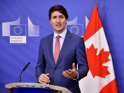 Canadian Prime Minister Justin Trudeau delivers a media statement at EU headquarters in Brussels, Wednesday, March 23, 2022. Canadian Prime Minister Justin Trudeau is in Brussels to attend an extraordinary NATO summit which will take place on Thursday. (AP Photo/Geert Vanden Wijngaert, Pool)