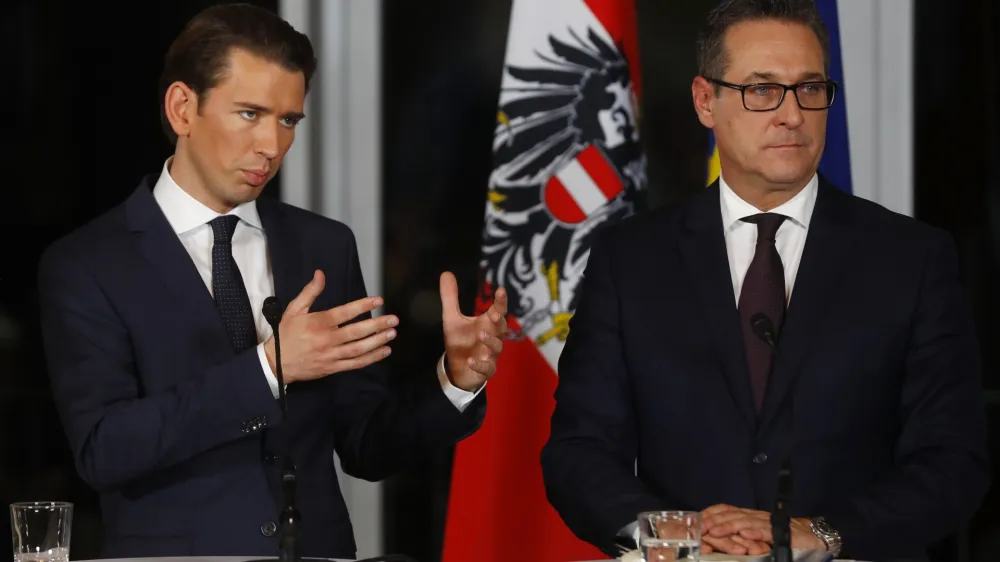 ﻿Head of the People's Party (OeVP) Sebastian Kurz (L) and head of the Freedom Party (FPOe) Heinz-Christian Strache address a news conference in Vienna, Austria, December 16, 2017. REUTERS/Leonhard Foeger