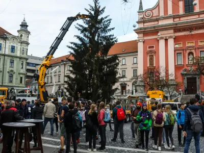 - Prešernov trg - Novoletna jelka - postavljanje smreke namenjene decembrskemu in novoletnemu okrasu - ﻿- 15.11.2022- Praznična okrasitev Ljubljane - priprave na Veseli December - božično novoletni sejem - prednovoletno okraševanje //FOTO: Bojan Velikonja