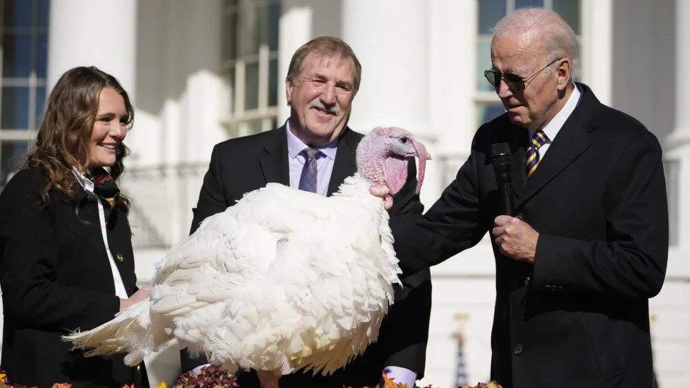 President Joe Biden pardons Chocolate, the national Thanksgiving turkey, at the White House in Washington, Monday, Nov. 21, 2022. Biden is joined by, Ronald Parker, Chairman of the National Turkey Federation, and Alexa Starnes, daughter of the owner of Circle S Ranch. (AP Photo/Andrew Harnik)