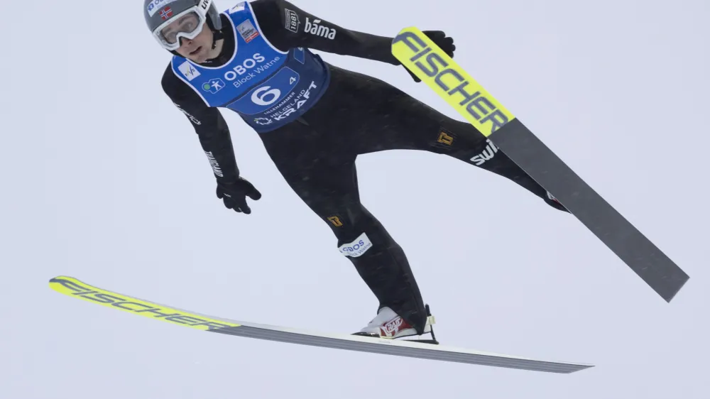 Norway's Jarl Magnus Riiber takes part in the team combined ski jumping competition during the World Cup races in Lillehammer, Norway, Saturday, Dec. 4, 2021. (Geir Olsen/NTB Scanpix via AP)